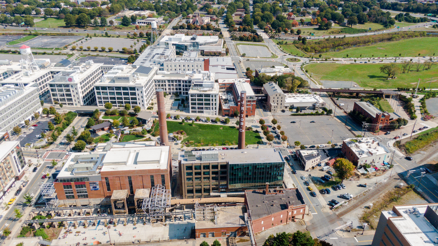 Aerial shot of Winston-Salem's Innovation Quarter, a mixed-use neighborhood perfect for startups.