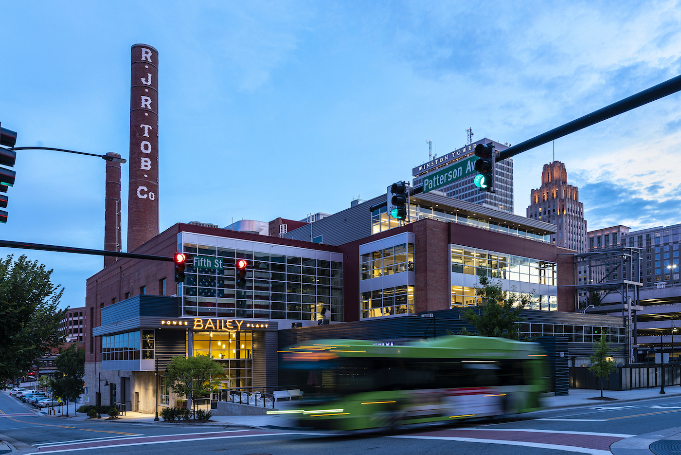 The Innovation Quarter's iconic smoke stacks and Bailey South signage.