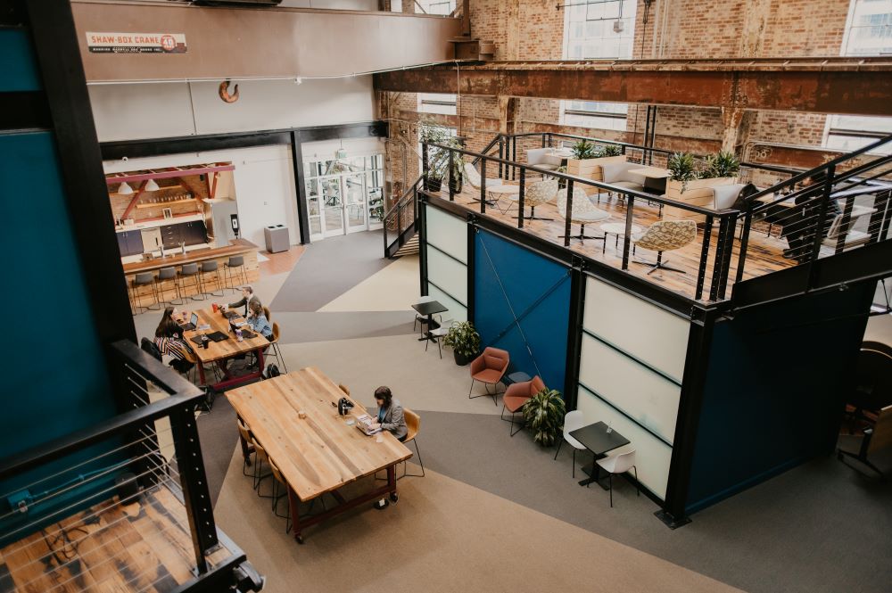 Aerial view of Sparq's coworking community workspace in the Innovation Quarter